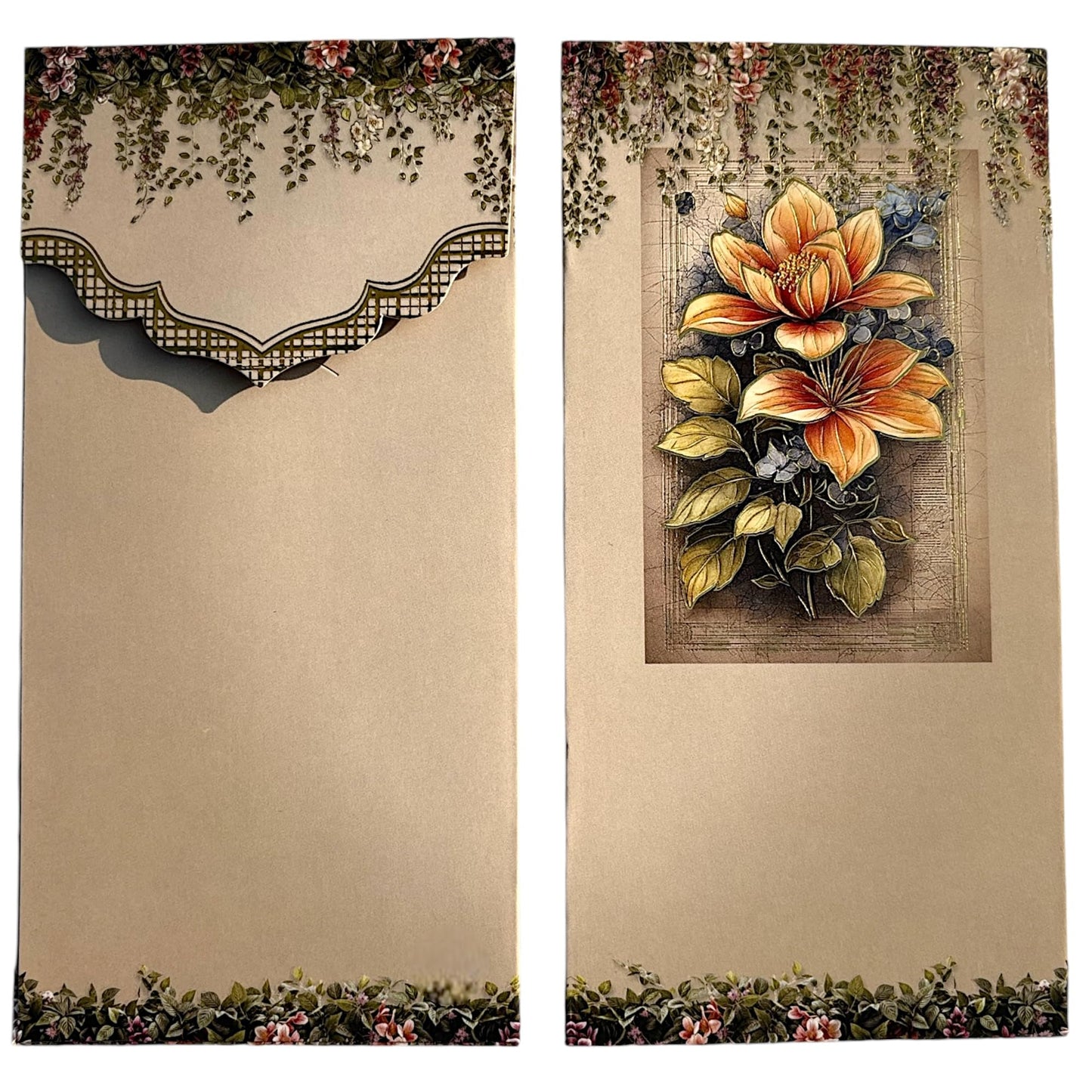 “Brown floral velvet shagun envelopes with gold foil”