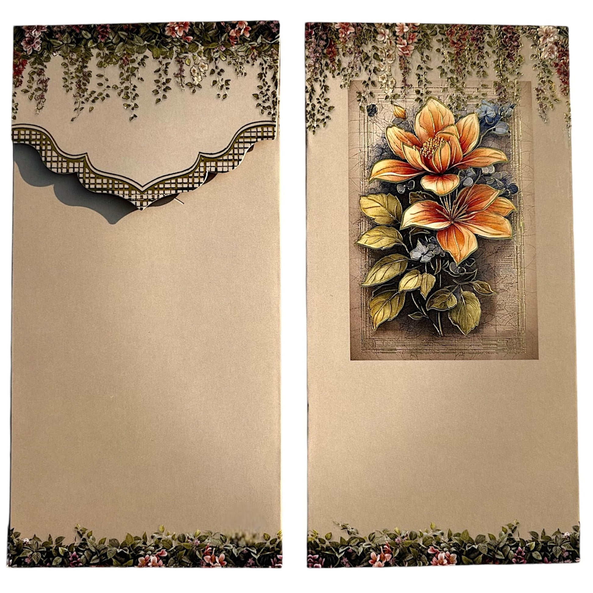 “Brown floral velvet shagun envelopes with gold foil”