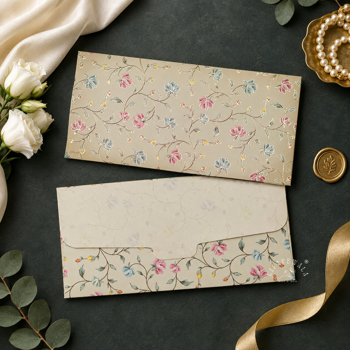 Taupe Blossom Vine MGI shagun envelope by LIFAFEWALA – styled flat lay
