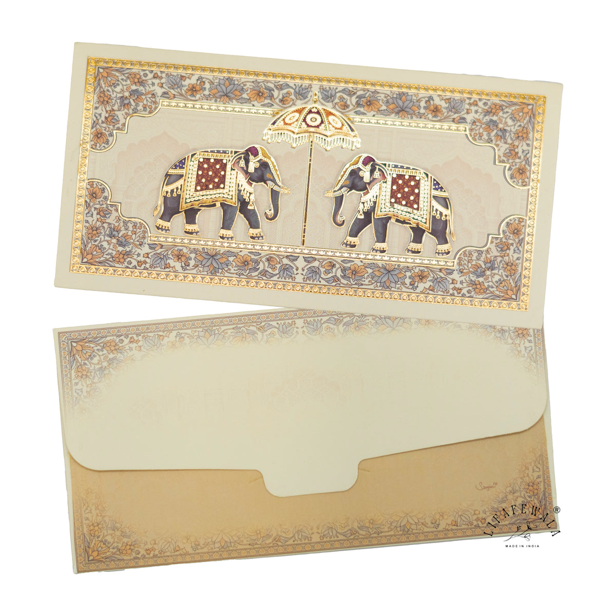 Twin Royal Elephant Chhatri matte shagun envelope by LIFAFEWALA – front and back, angled view