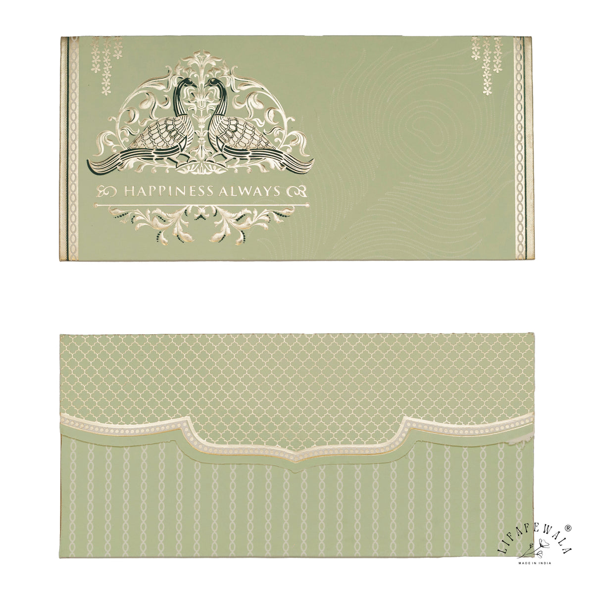 Sage Green Happiness Always Twin Peacock metallic shagun envelope by LIFAFEWALA – front and back