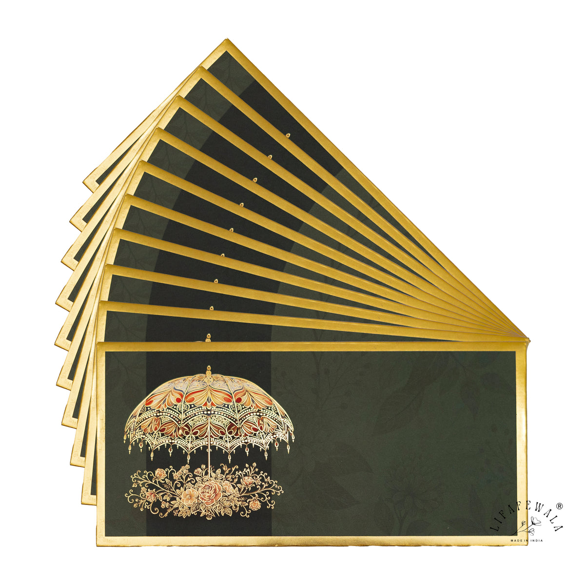 Emerald Golden Chhatri velvet shagun envelope by LIFAFEWALA – fanned pack
