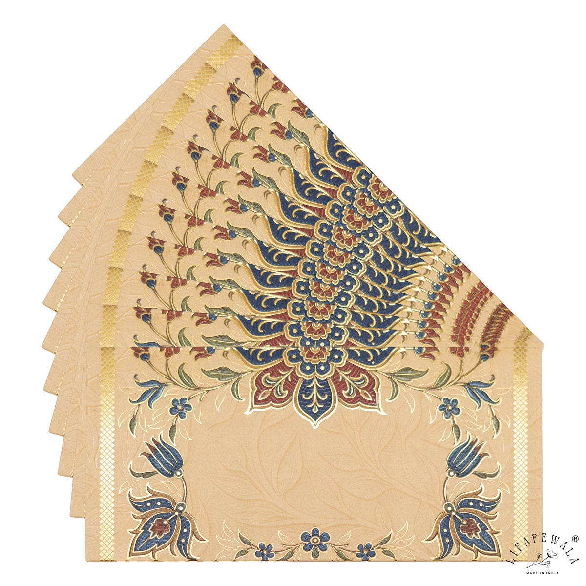 Blue Tulip Mughal Floral matte UV shagun envelope by LIFAFEWALA – fanned pack