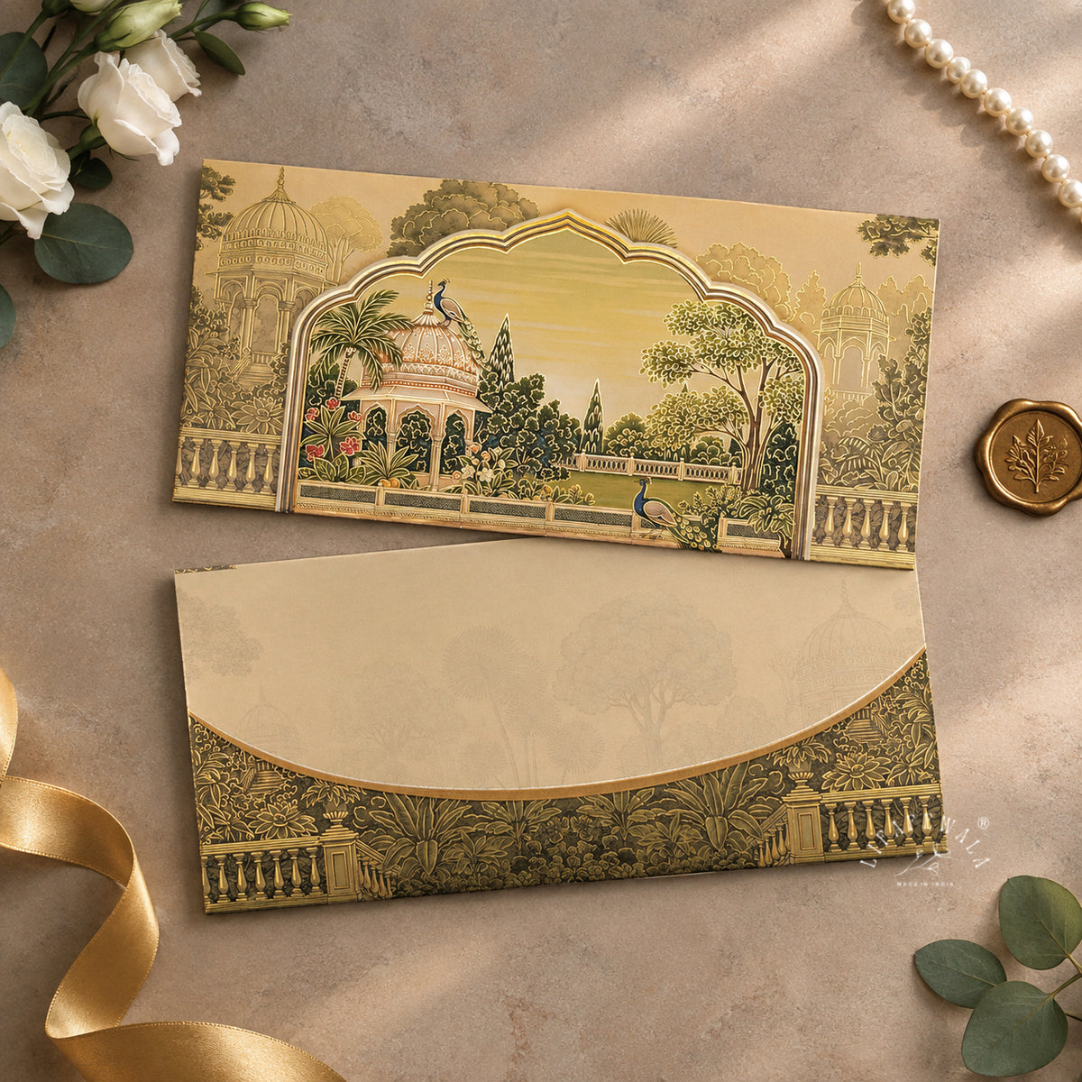 Golden Mughal Pavilion Garden matte UV shagun envelope by LIFAFEWALA – styled flat lay