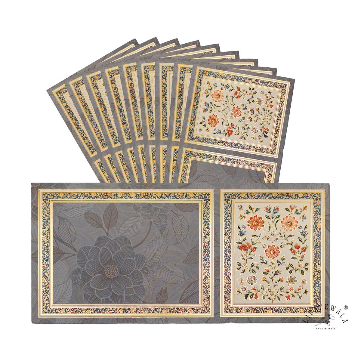 Grey Mughal Floral Twin Panel velvet shagun envelope by LIFAFEWALA – pack with front view