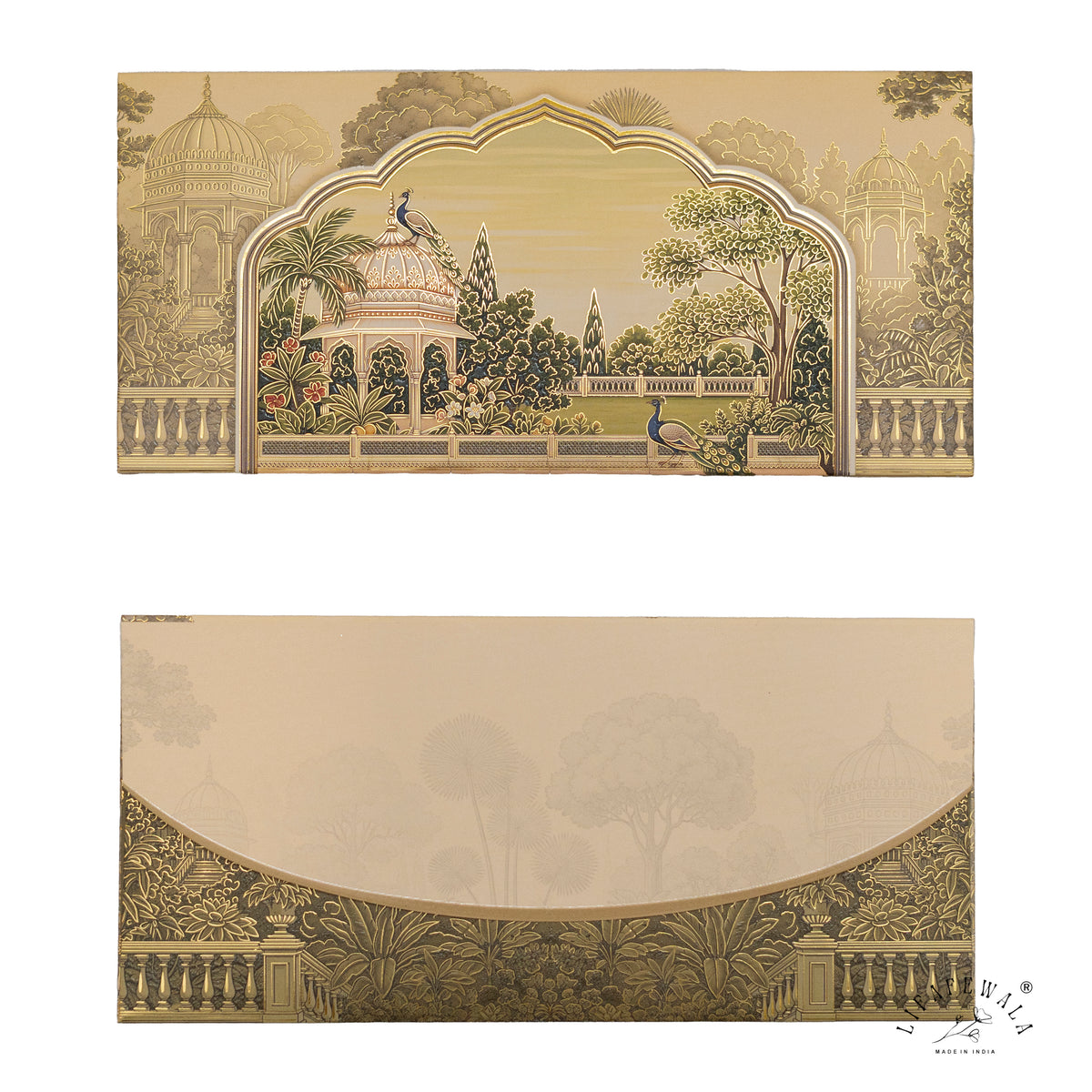 Golden Mughal Pavilion Garden matte UV shagun envelope by LIFAFEWALA – front and back