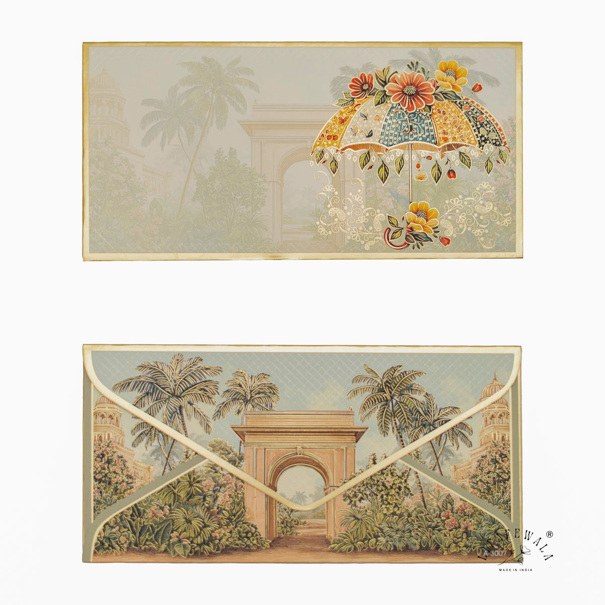 Floral Umbrella Palace Garden premium shagun envelope by LIFAFEWALA – front and back