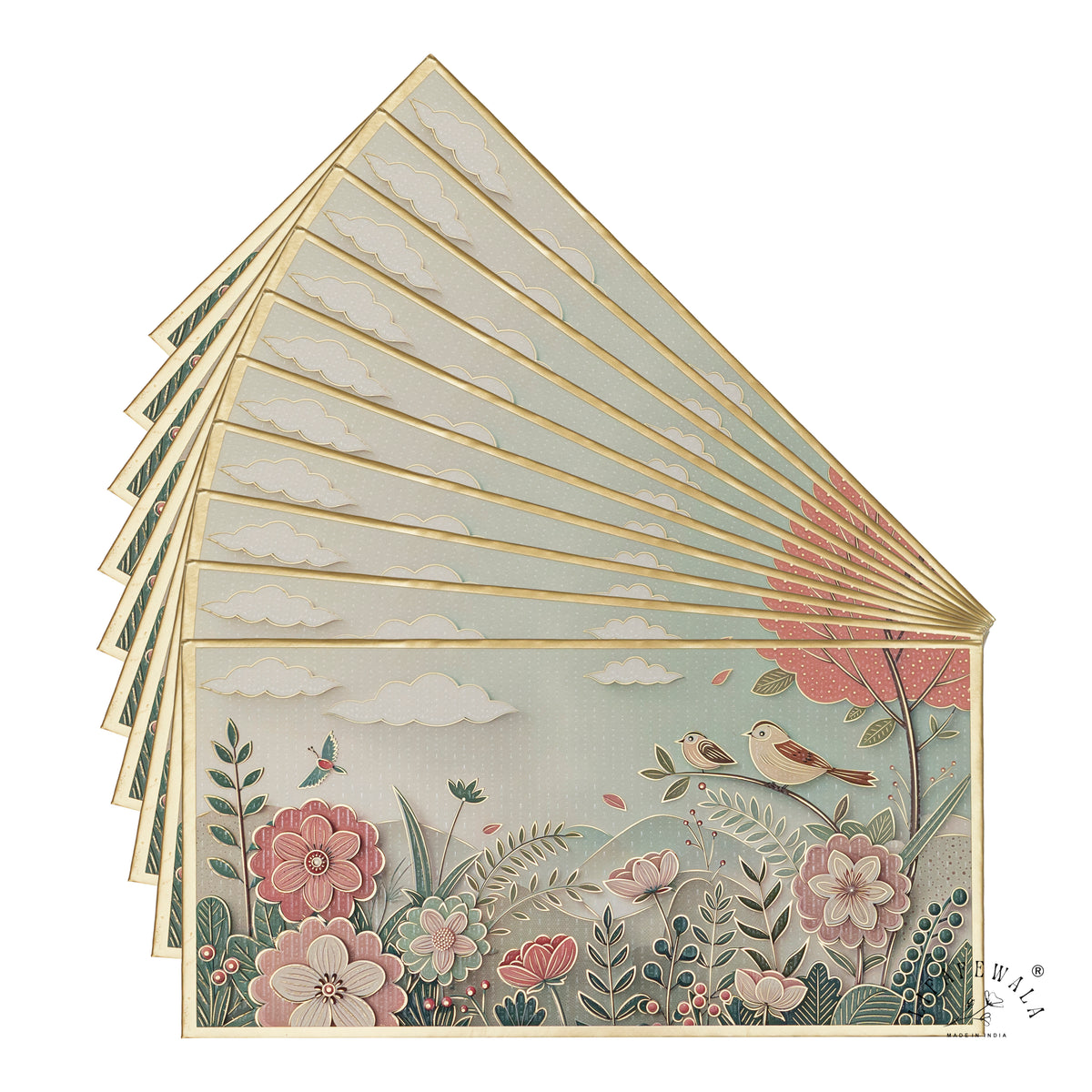 Pastel Birds & Blossom Garden premium shagun envelope by LIFAFEWALA – fanned pack