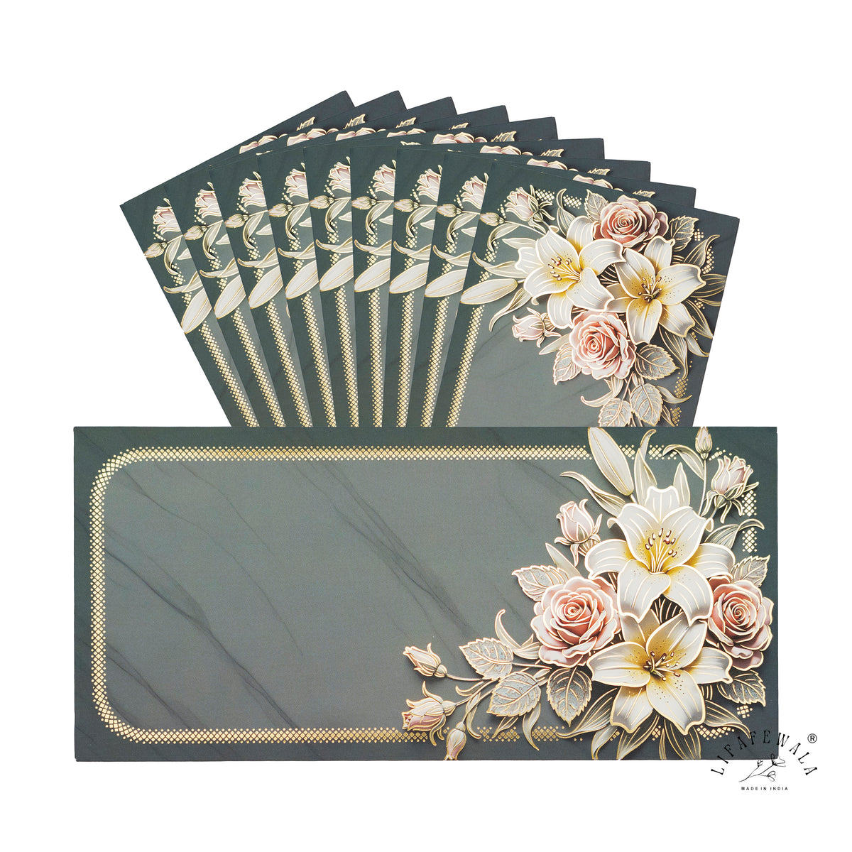 Grey Marble Lily & Rose Bouquet velvet shagun envelope by LIFAFEWALA – pack with front view