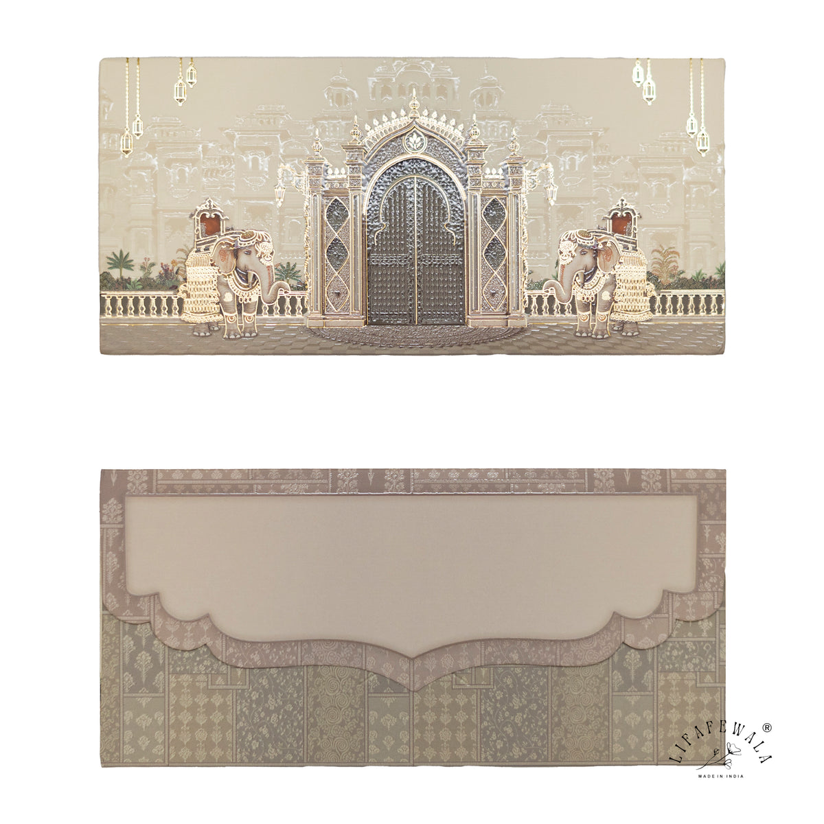 Ivory Palace Gate & Royal Elephants matte UV shagun envelope by LIFAFEWALA – front and back