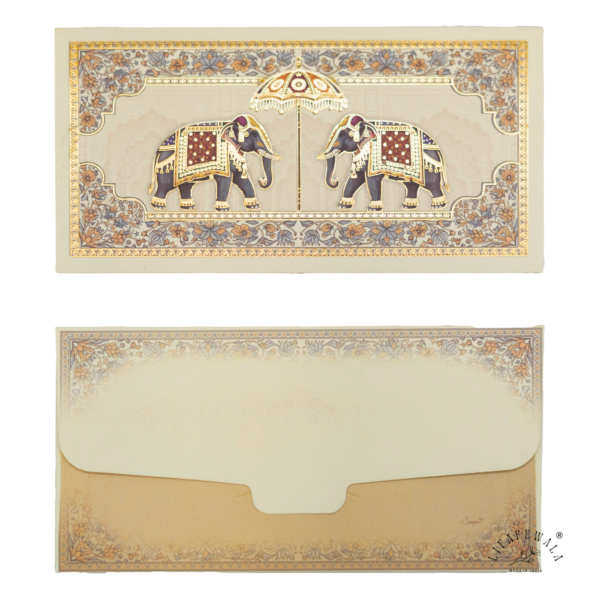 Twin Royal Elephant Chhatri matte shagun envelope by LIFAFEWALA – front and back