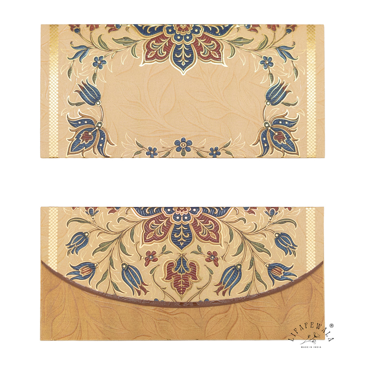 Blue Tulip Mughal Floral matte UV shagun envelope by LIFAFEWALA – front and back