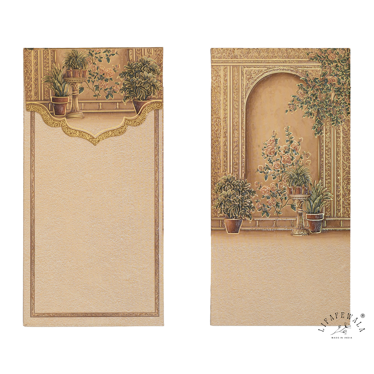 Mughal Courtyard Garden vertical velvet UV shagun envelope by LIFAFEWALA – front and back