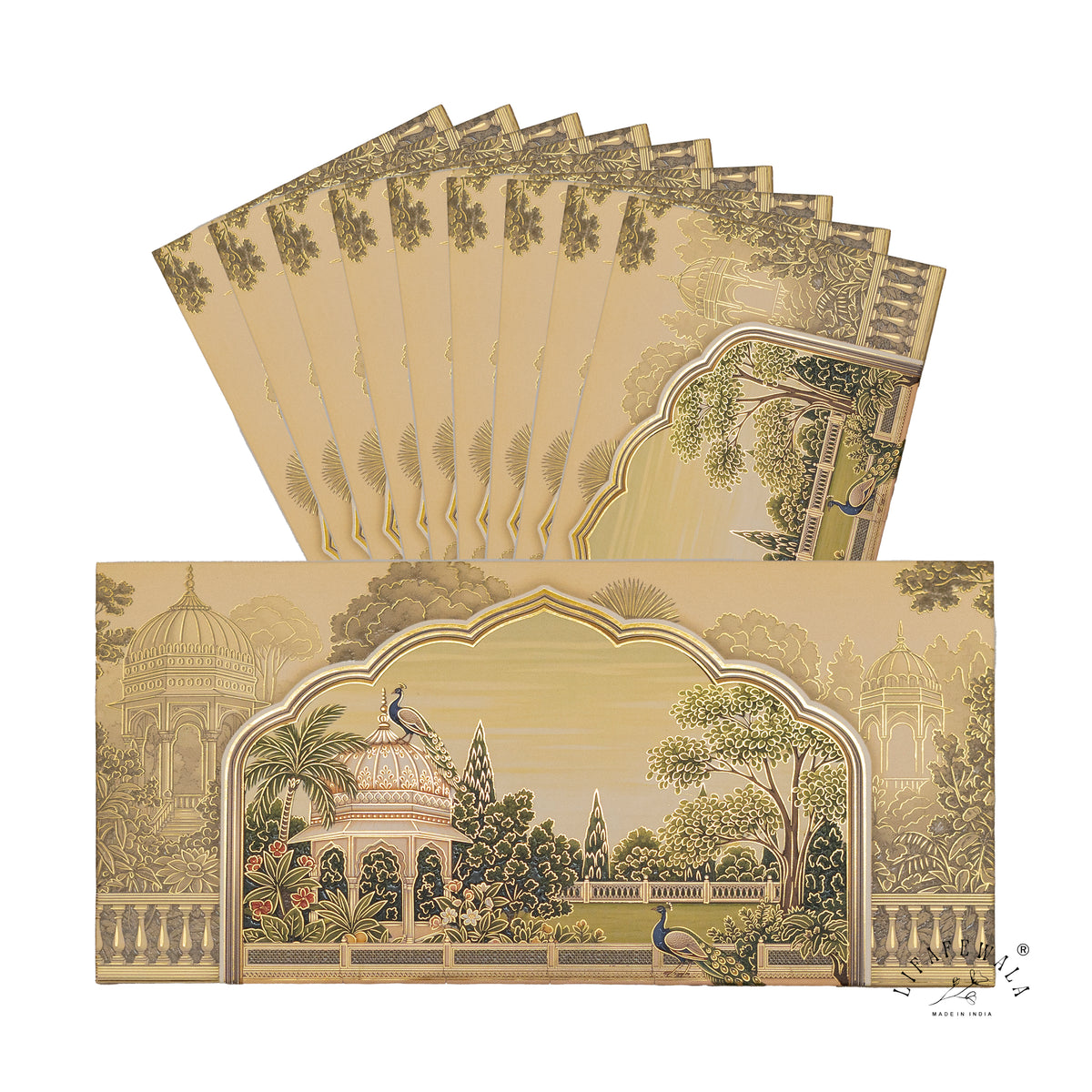 Golden Mughal Pavilion Garden matte UV shagun envelope by LIFAFEWALA – pack with front view