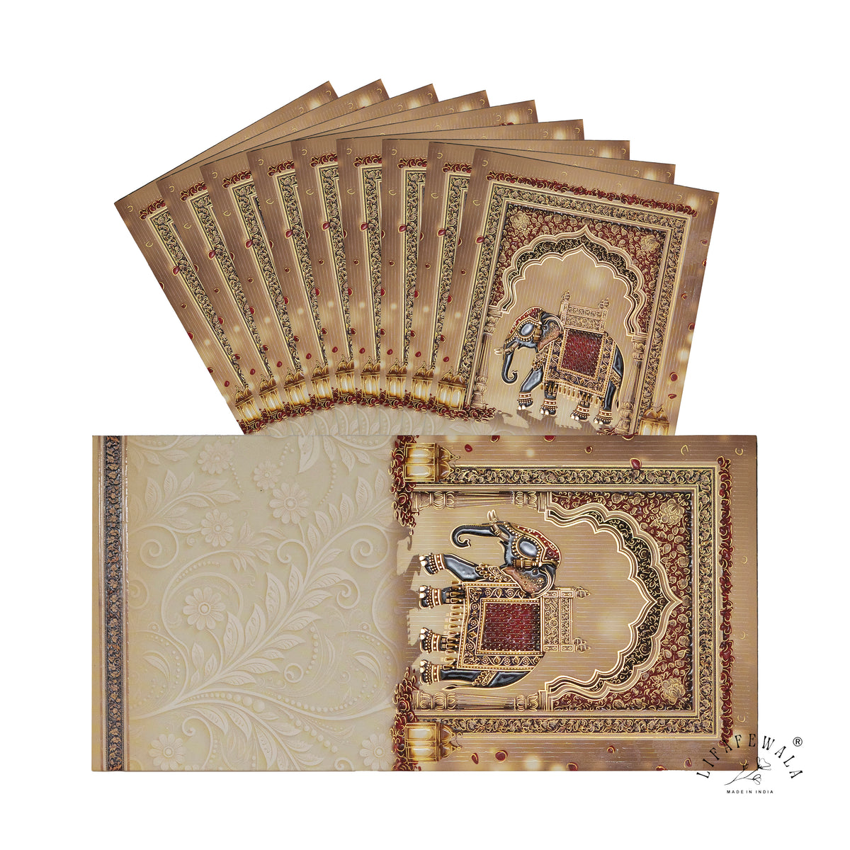 Royal Elephant Jharokha vertical velvet UV shagun envelope by LIFAFEWALA – pack with front view
