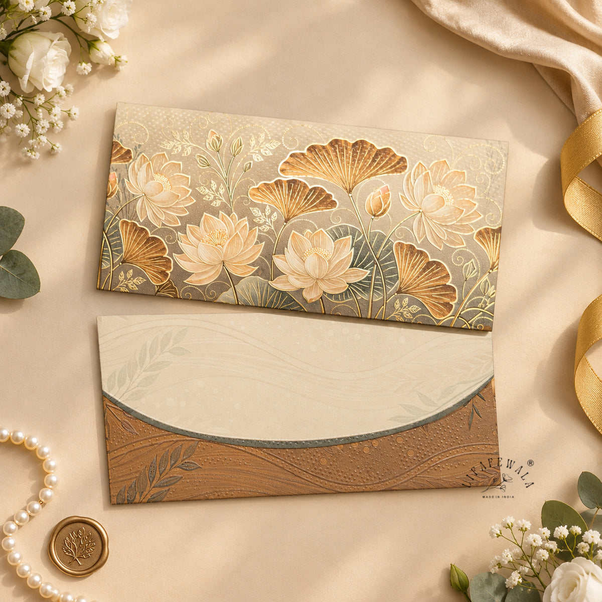 Golden Lotus & Ginkgo matte UV shagun envelope by LIFAFEWALA – styled flat lay