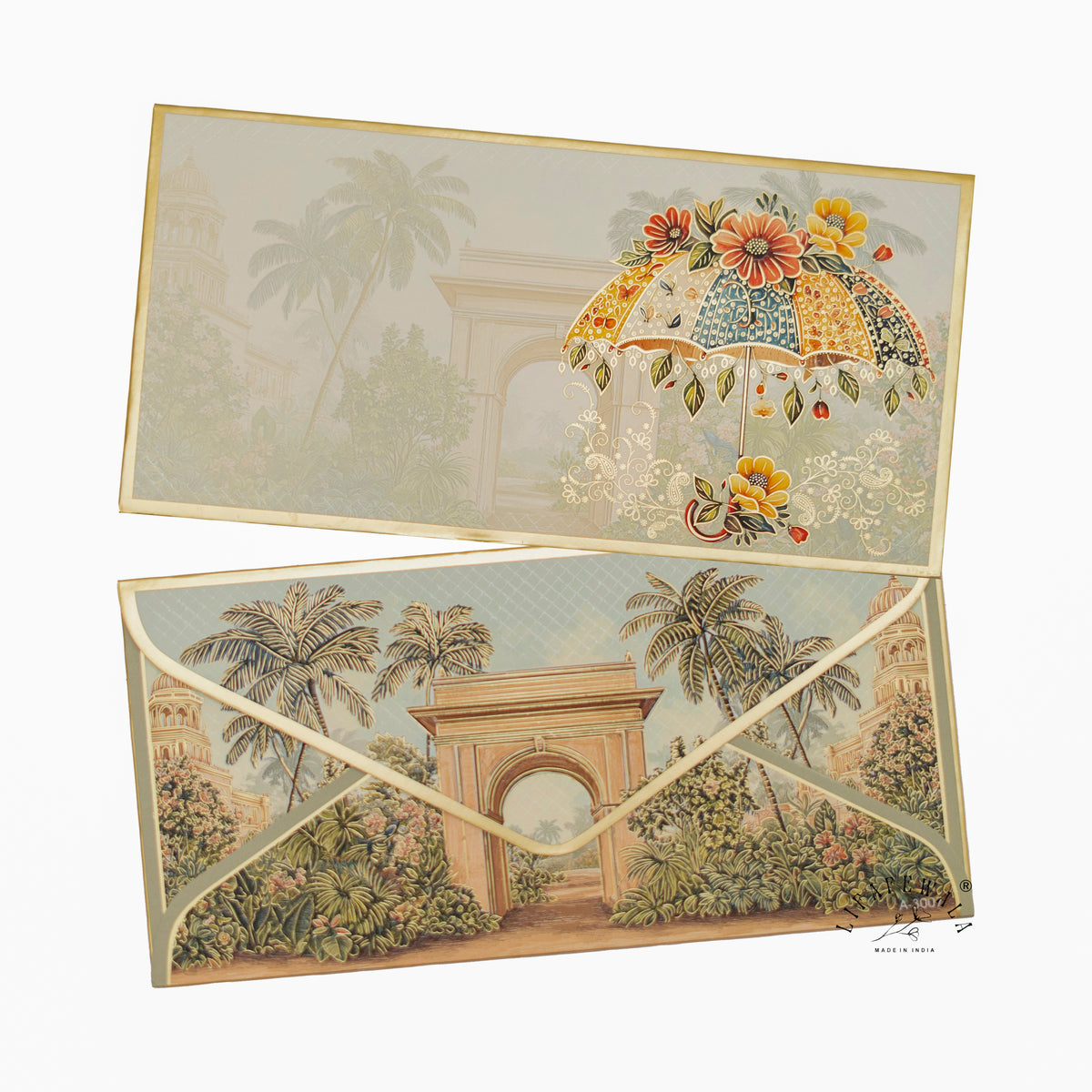 Floral Umbrella Palace Garden premium shagun envelope by LIFAFEWALA – front and back, angled view
