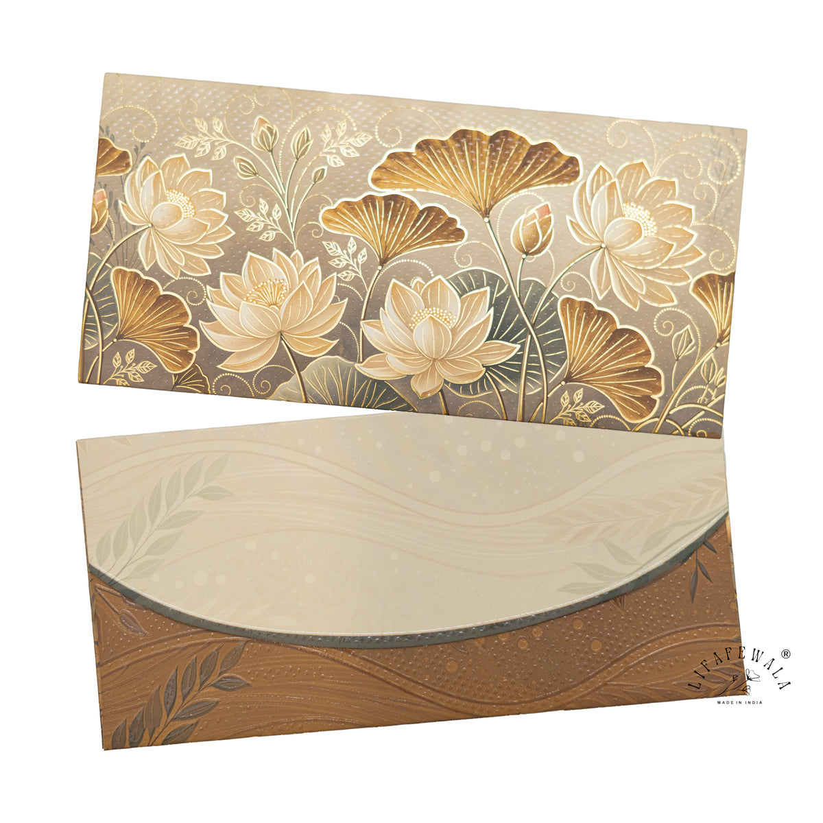 Golden Lotus & Ginkgo matte UV shagun envelope by LIFAFEWALA – front and back, angled view
