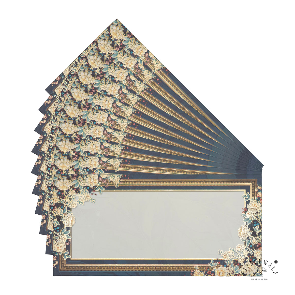 Navy Ivory Floral Frame matte shagun envelope by LIFAFEWALA – fanned pack