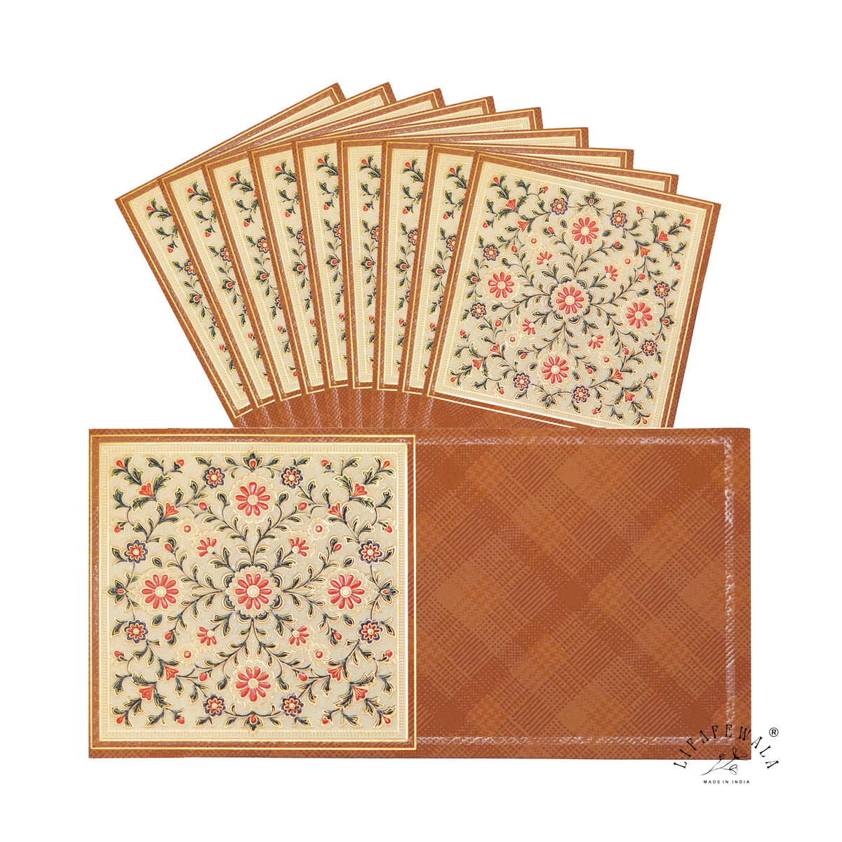 Rust Mughal Floral vertical velvet UV shagun envelope by LIFAFEWALA – pack with front view