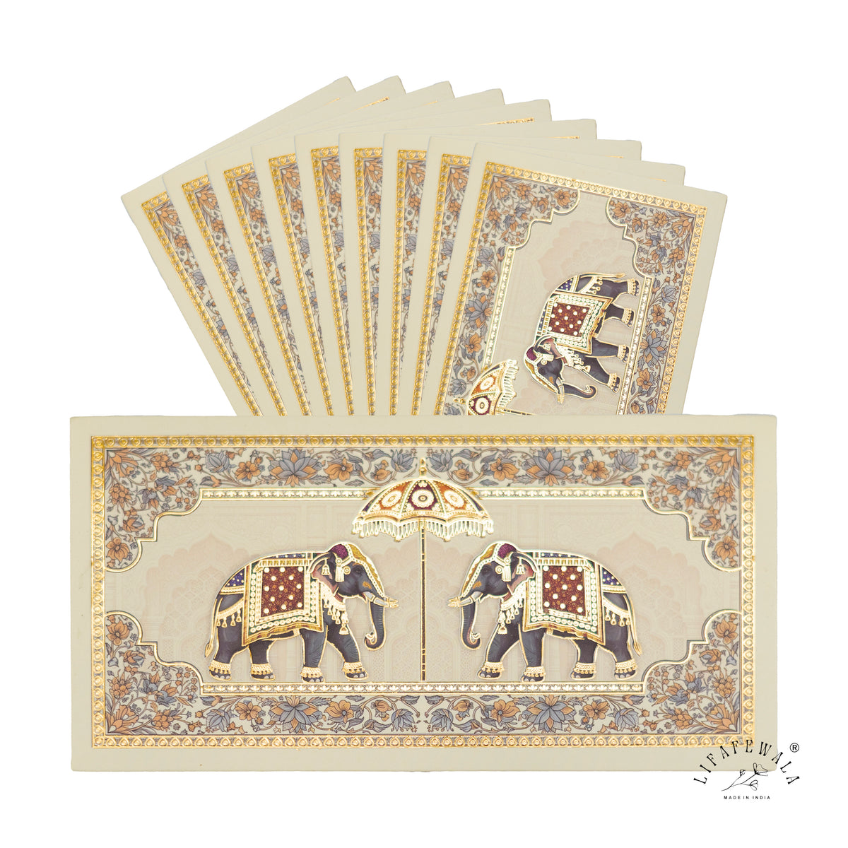 Twin Royal Elephant Chhatri matte shagun envelope by LIFAFEWALA – pack with front view