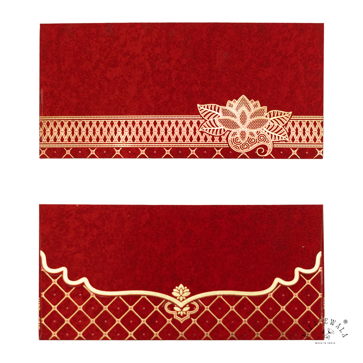 Red Kamal Lotus velvet shagun envelope by LIFAFEWALA – front and back