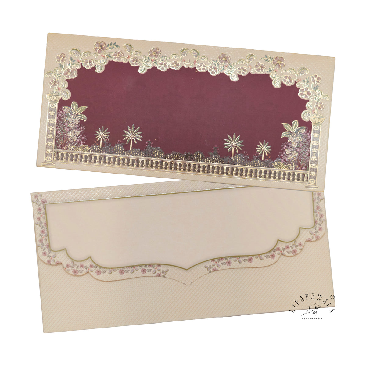 Maroon Floral Frame Palace Garden matte UV shagun envelope by LIFAFEWALA – front and back, angled view