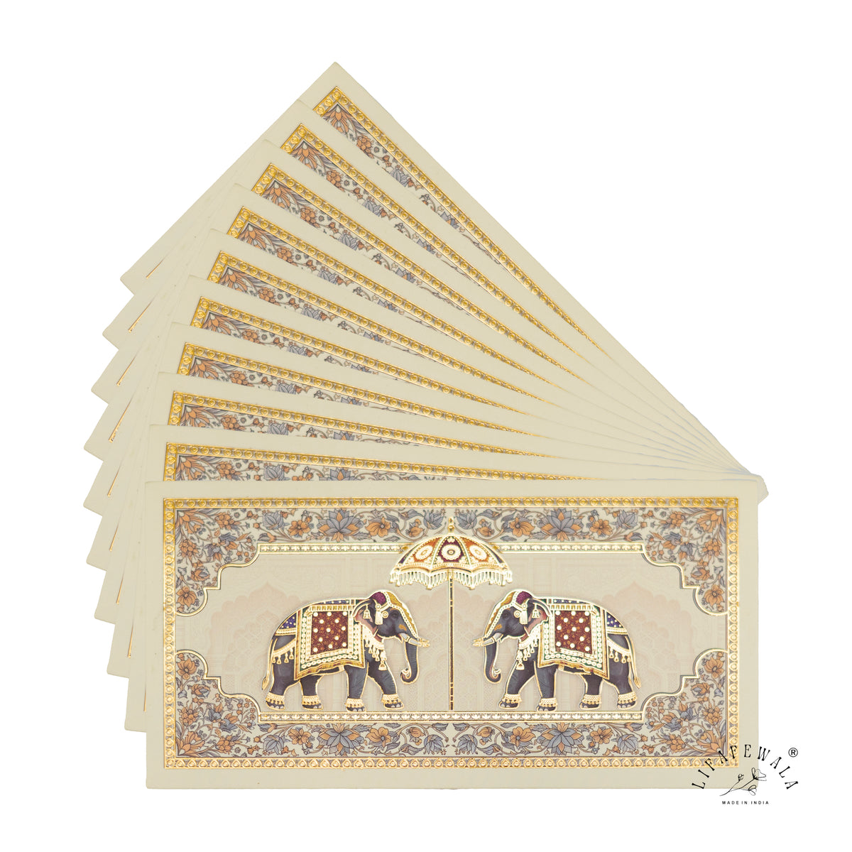 Twin Royal Elephant Chhatri matte shagun envelope by LIFAFEWALA – fanned pack