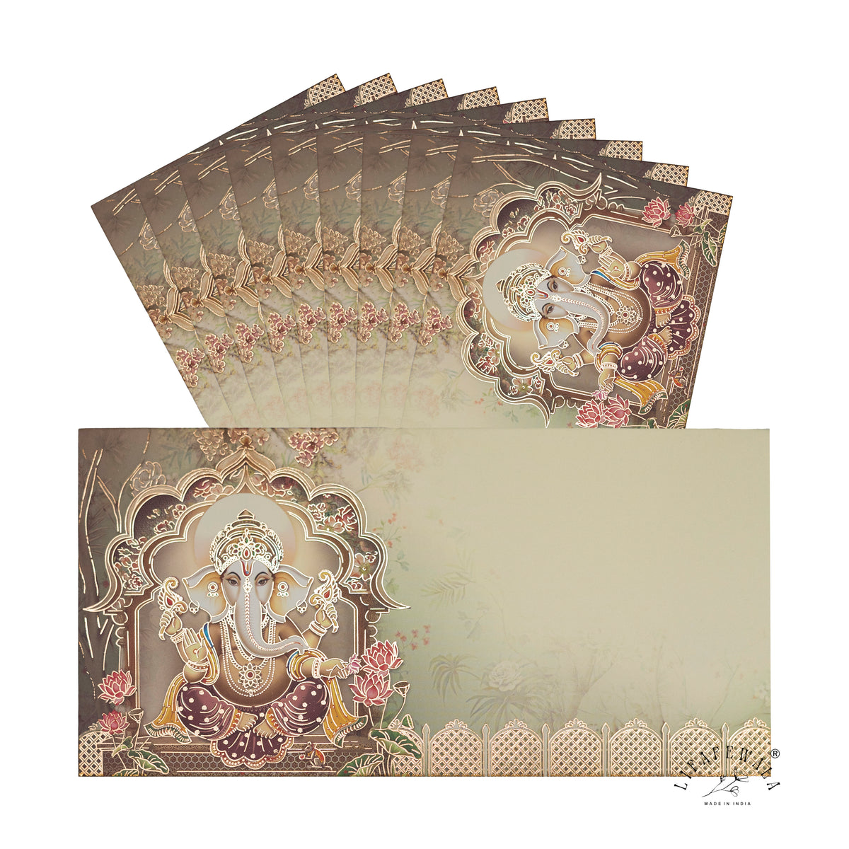 Sage Ganesha Jharokha matte shagun envelope by LIFAFEWALA – pack with front view