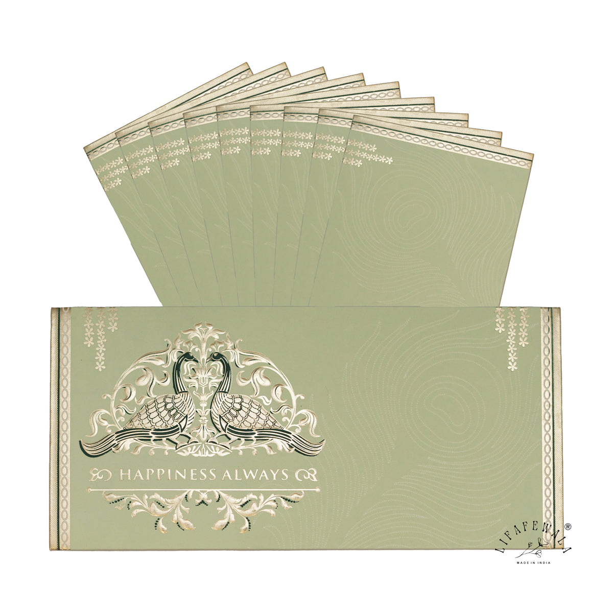 Sage Green Happiness Always Twin Peacock metallic shagun envelope by LIFAFEWALA – pack with front view