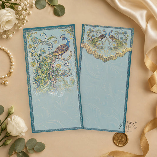 Aqua Paisley Peacock velvet UV shagun envelope by LIFAFEWALA – styled flat lay