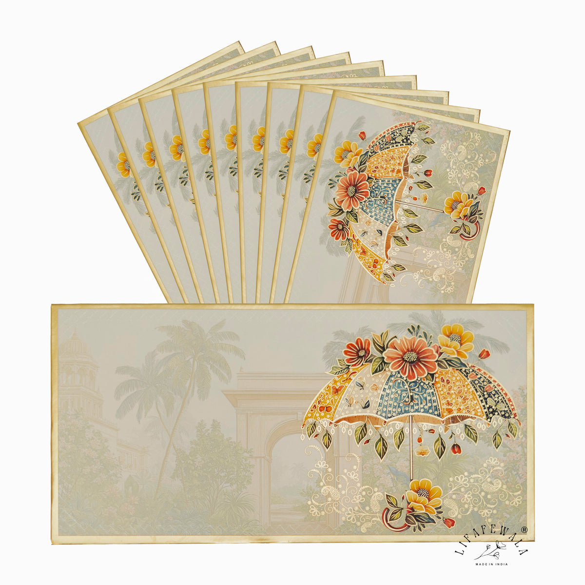 Floral Umbrella Palace Garden premium shagun envelope by LIFAFEWALA – pack with front view