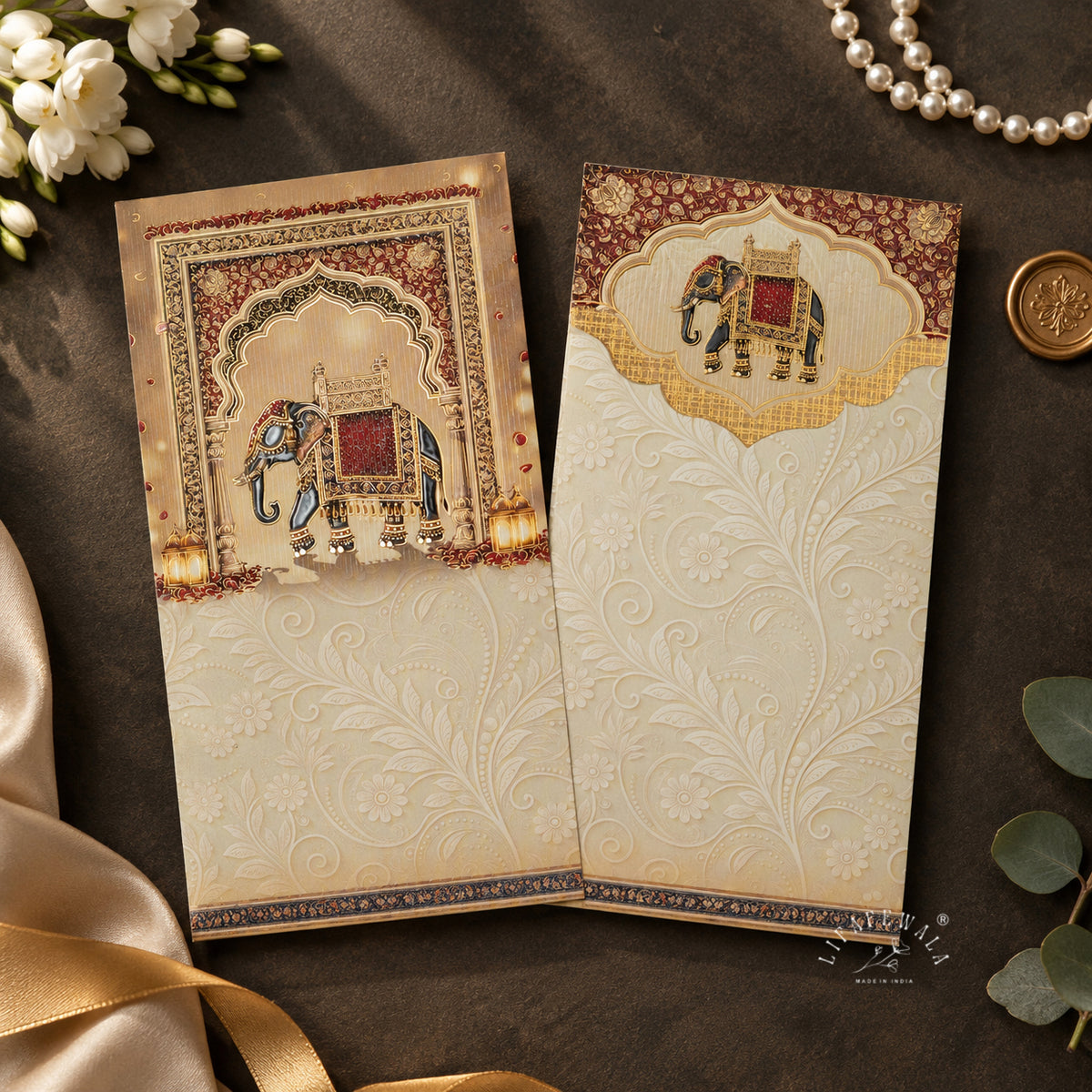 Royal Elephant Jharokha vertical velvet UV shagun envelope by LIFAFEWALA – styled flat lay