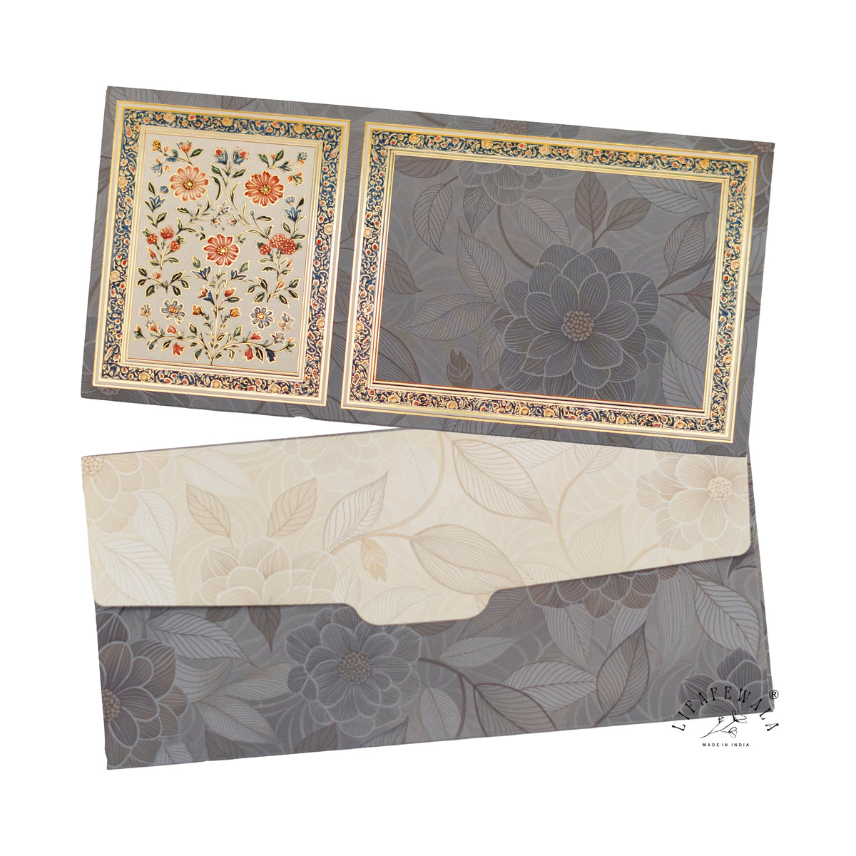 Grey Mughal Floral Twin Panel velvet shagun envelope by LIFAFEWALA – front and back, angled view