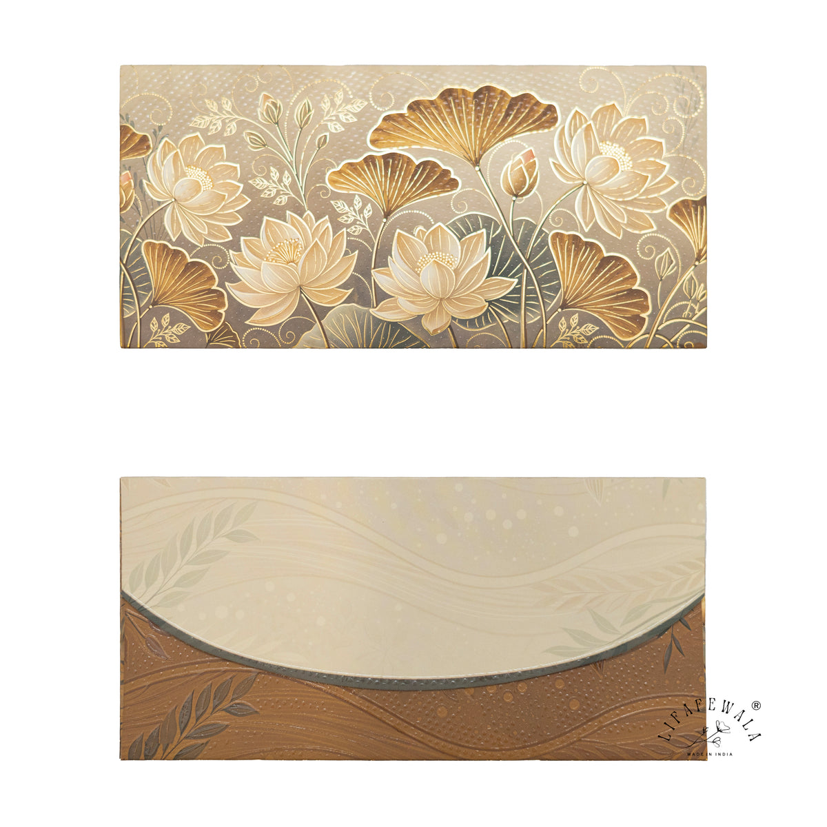 Golden Lotus & Ginkgo matte UV shagun envelope by LIFAFEWALA – front and back
