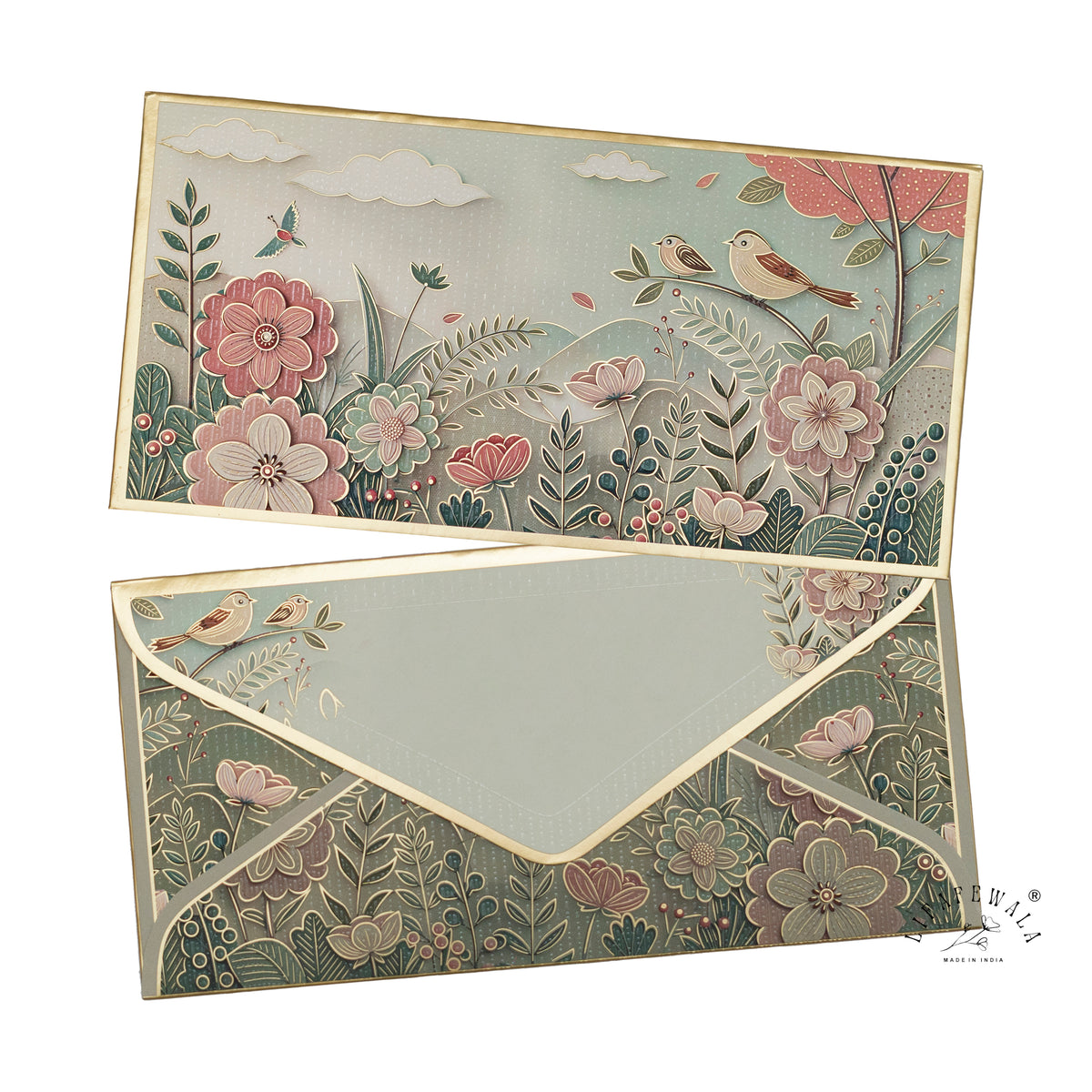 Pastel Birds & Blossom Garden premium shagun envelope by LIFAFEWALA – front and back, angled view