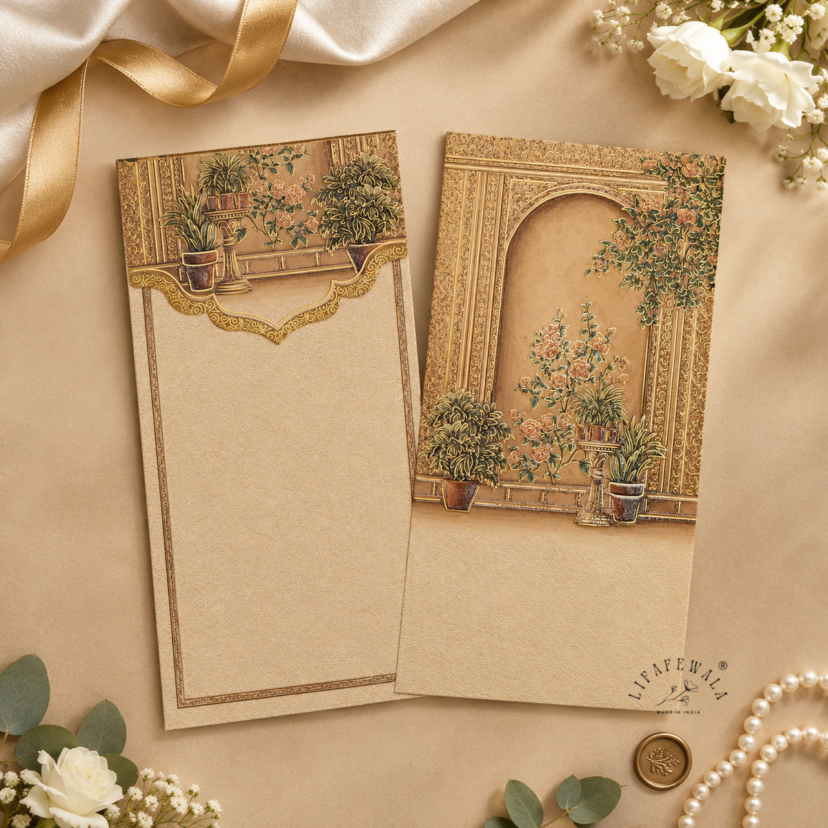 Mughal Courtyard Garden vertical velvet UV shagun envelope by LIFAFEWALA – styled flat lay