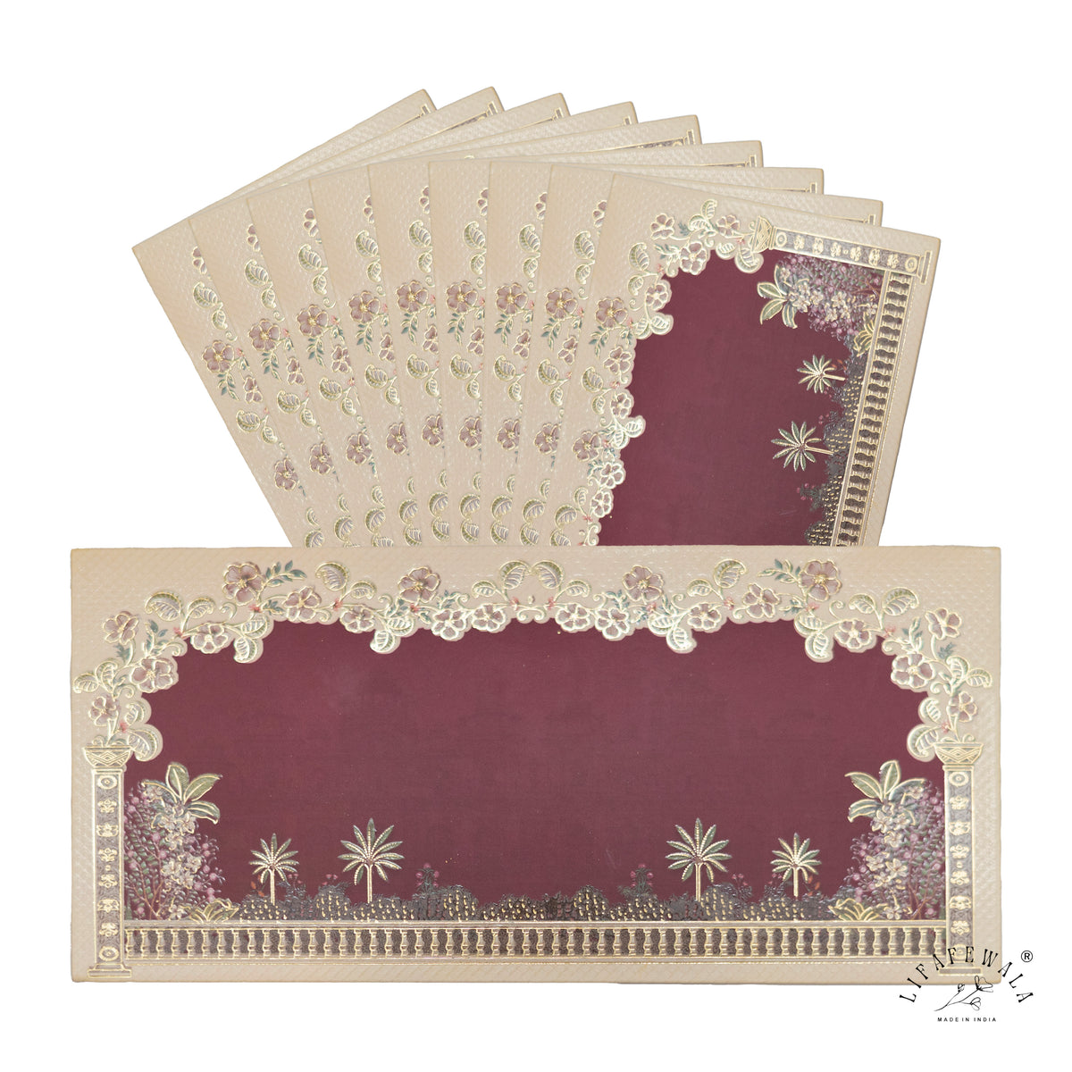 Maroon Floral Frame Palace Garden matte UV shagun envelope by LIFAFEWALA – pack with front view