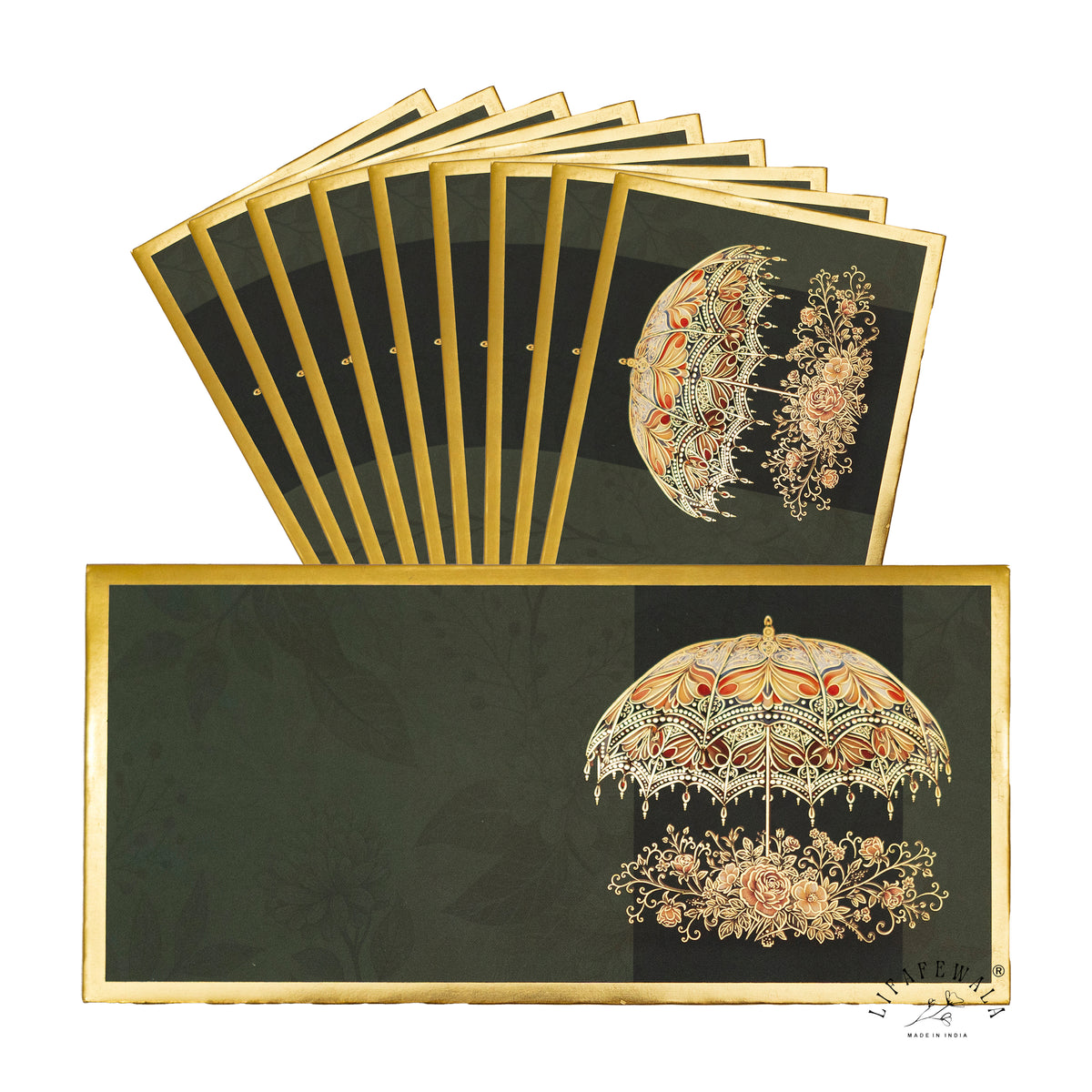Emerald Golden Chhatri velvet shagun envelope by LIFAFEWALA – pack with front view