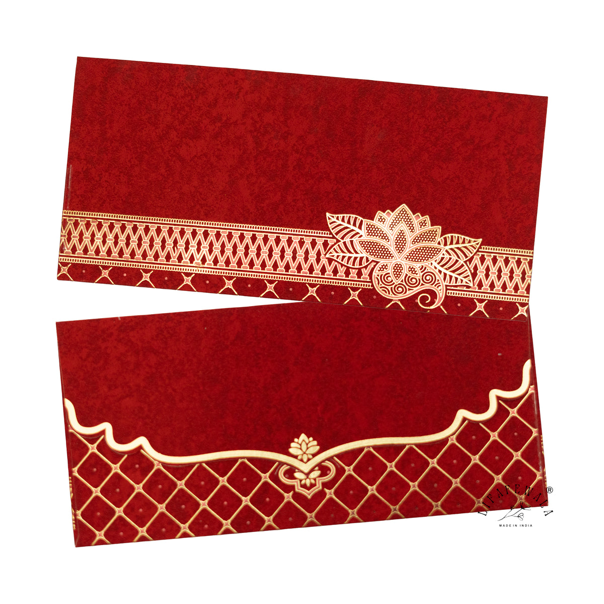 Red Kamal Lotus velvet shagun envelope by LIFAFEWALA – front and back, angled view