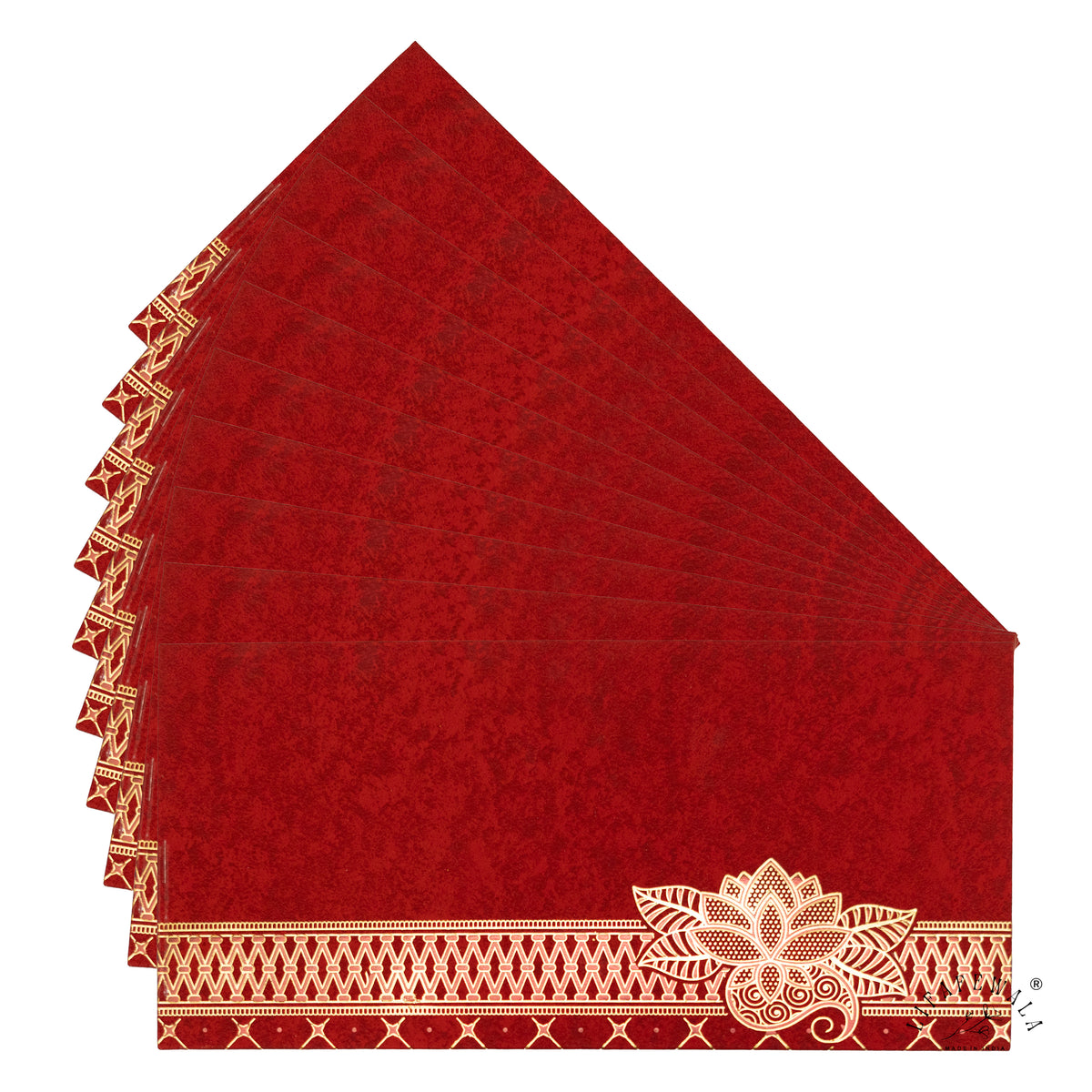 Red Kamal Lotus velvet shagun envelope by LIFAFEWALA – fanned pack