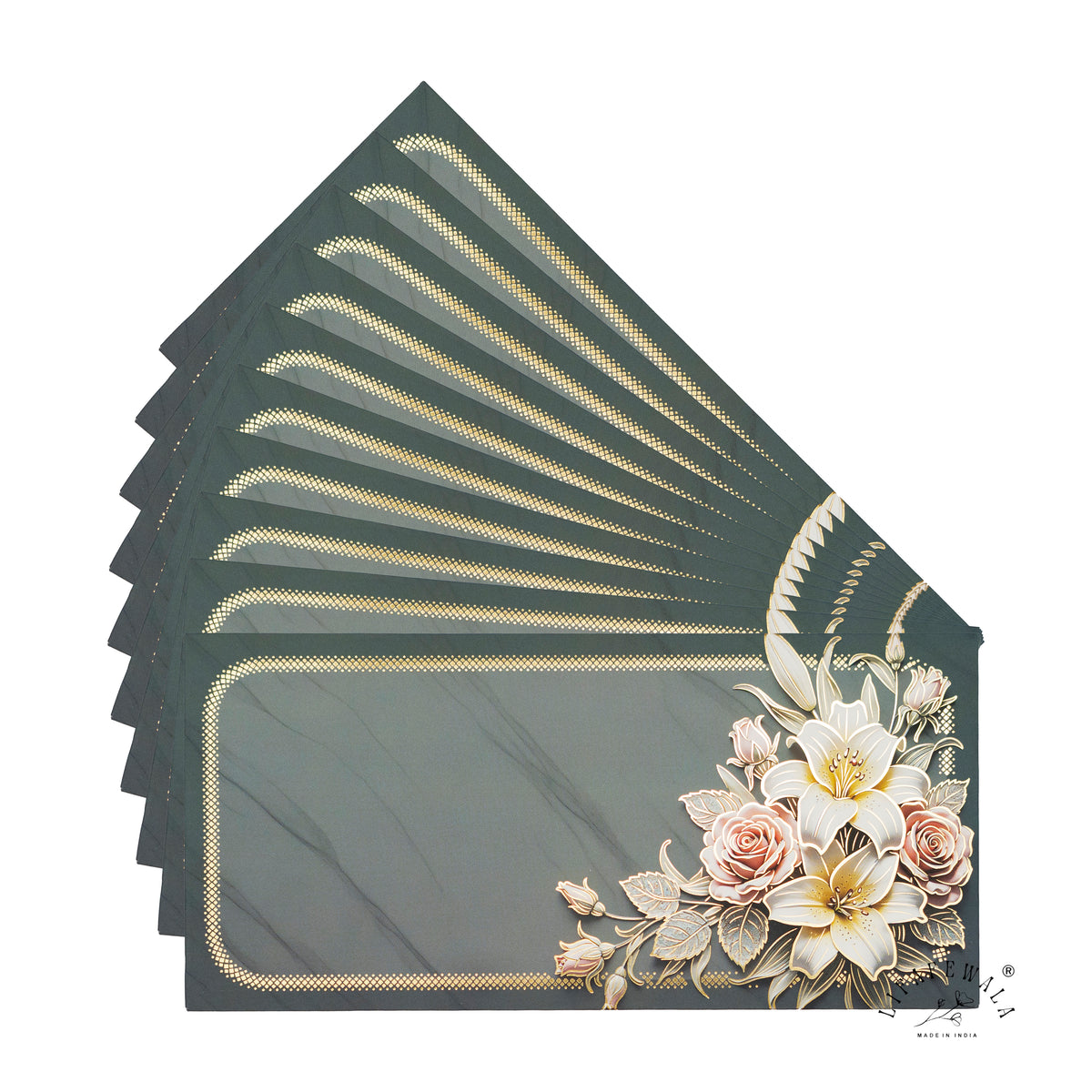 Grey Marble Lily & Rose Bouquet velvet shagun envelope by LIFAFEWALA – fanned pack