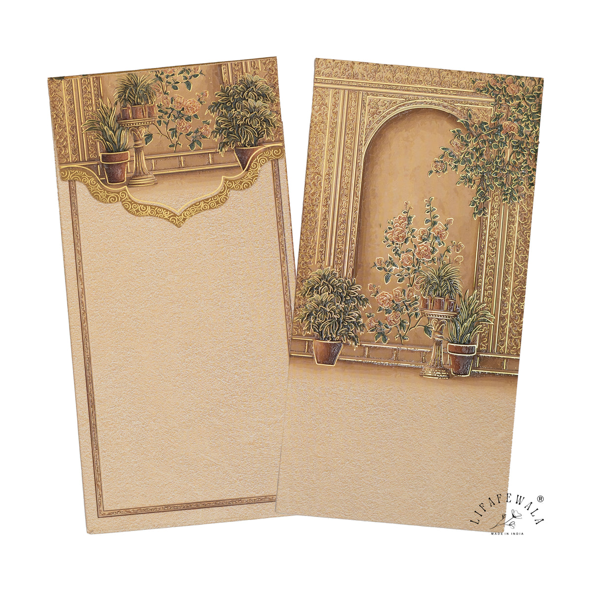 Mughal Courtyard Garden vertical velvet UV shagun envelope by LIFAFEWALA – front and back, angled view