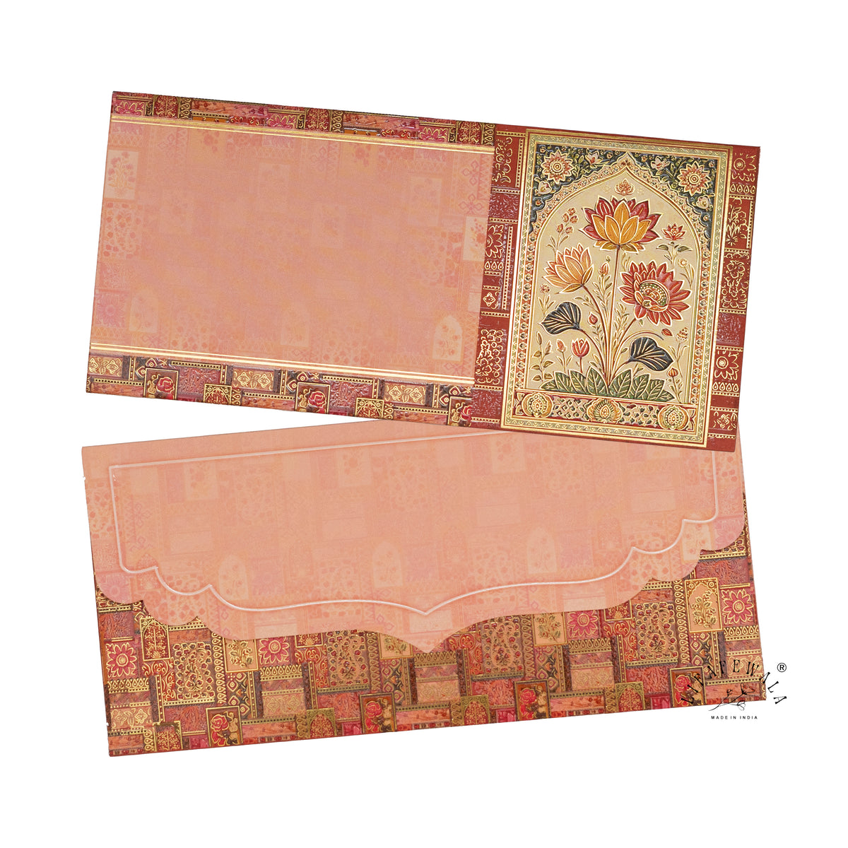 Blush Mughal Lotus Panel velvet UV shagun envelope by LIFAFEWALA – front and back, angled view