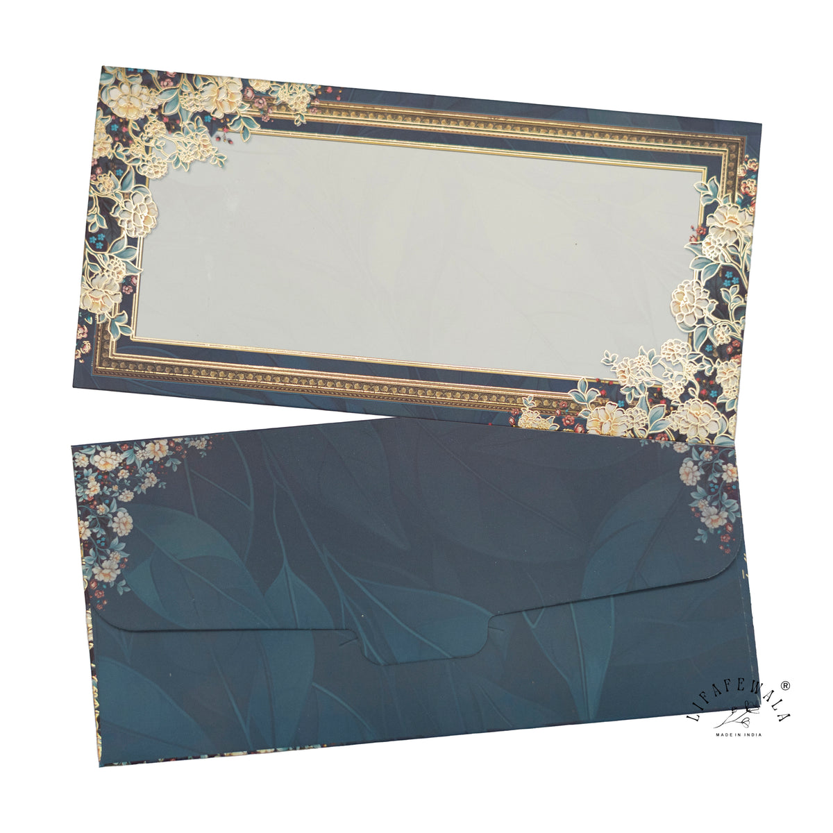 Navy Ivory Floral Frame matte shagun envelope by LIFAFEWALA – front and back, angled view