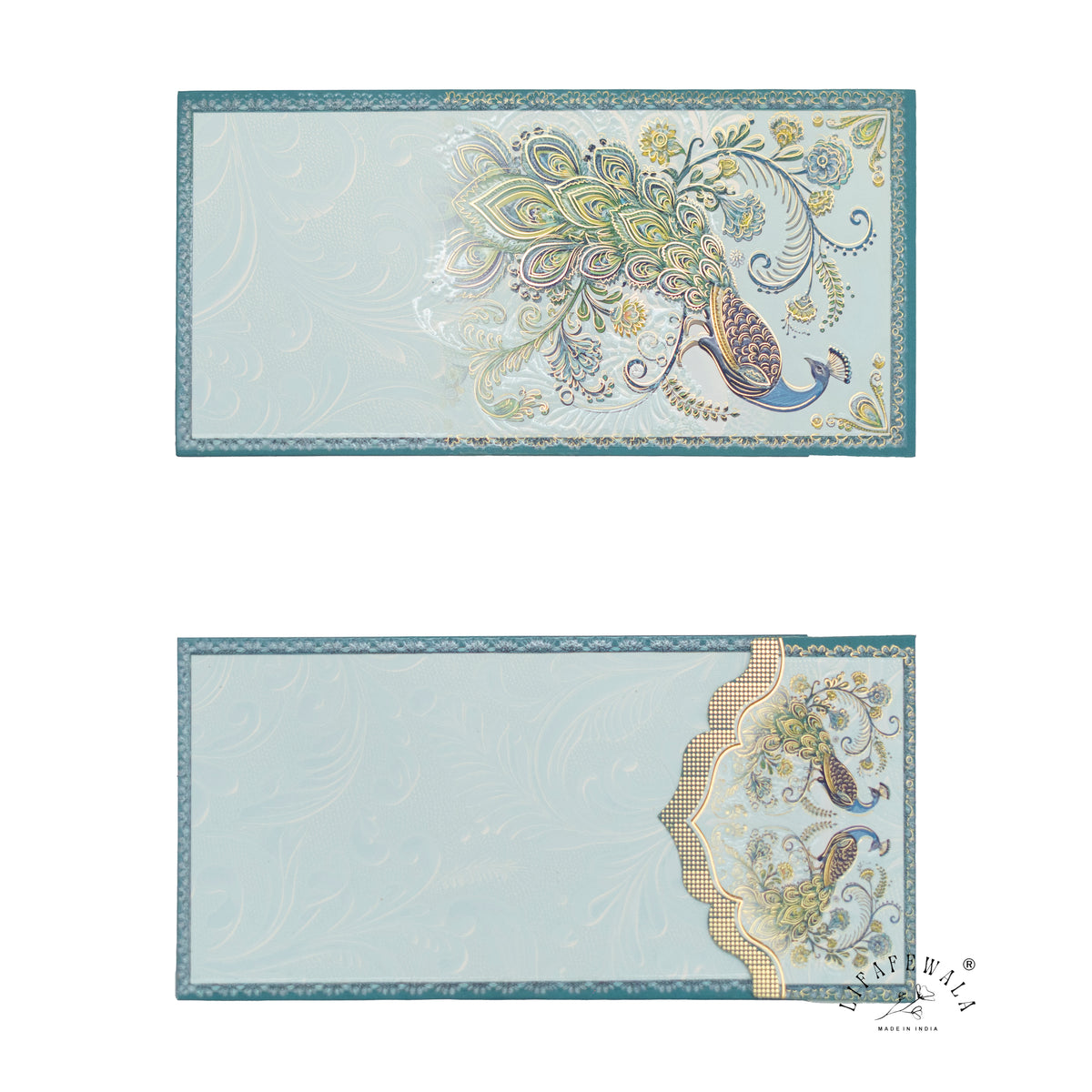 Aqua Paisley Peacock velvet UV shagun envelope by LIFAFEWALA – front and back