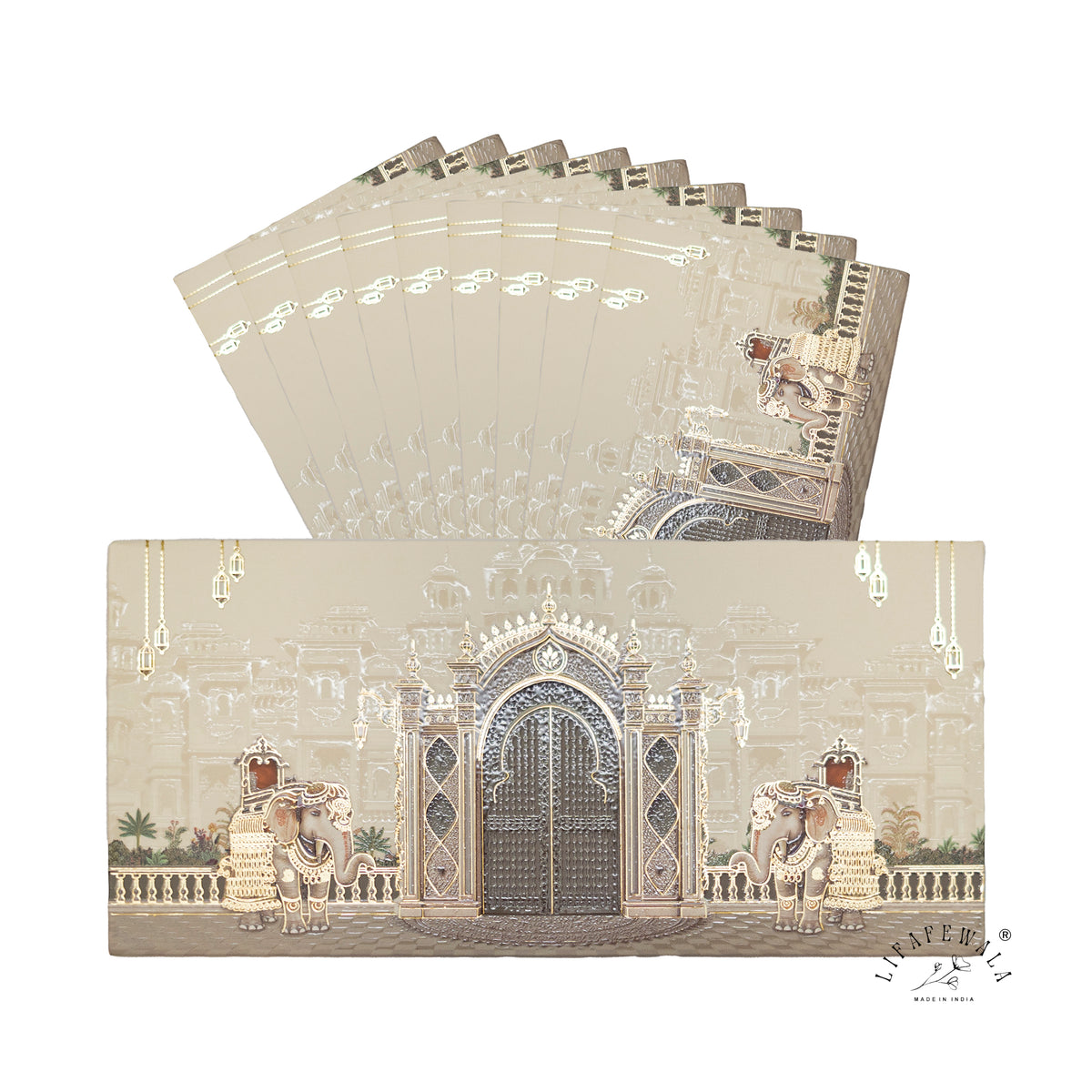 Ivory Palace Gate & Royal Elephants matte UV shagun envelope by LIFAFEWALA – pack with front view