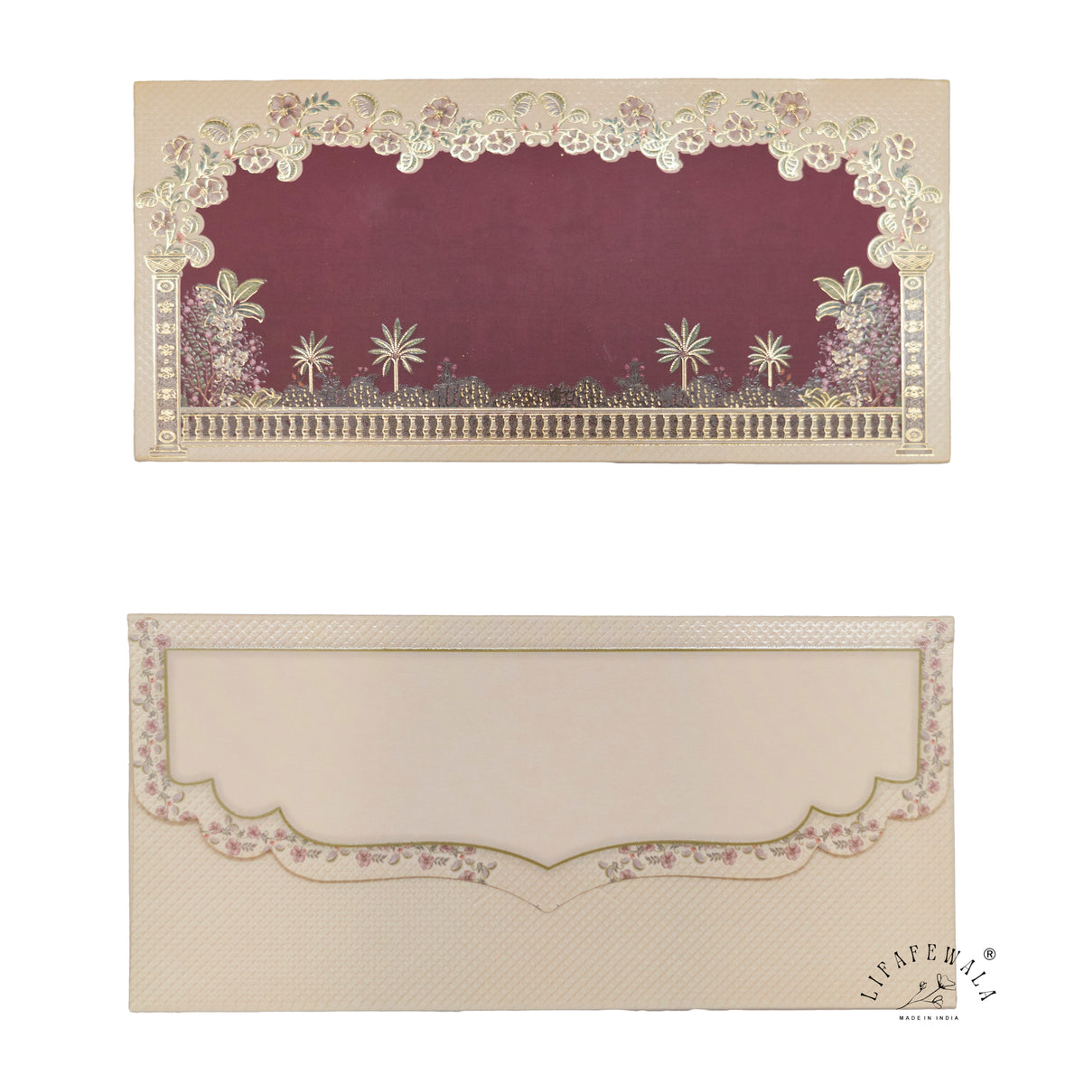 Maroon Floral Frame Palace Garden matte UV shagun envelope by LIFAFEWALA – front and back