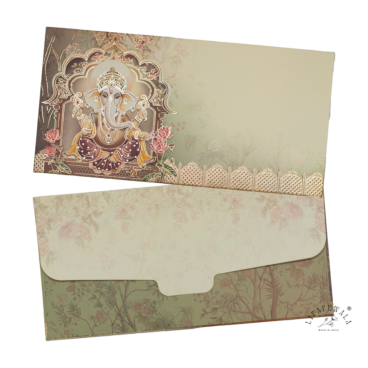 Sage Ganesha Jharokha matte shagun envelope by LIFAFEWALA – front and back, angled view