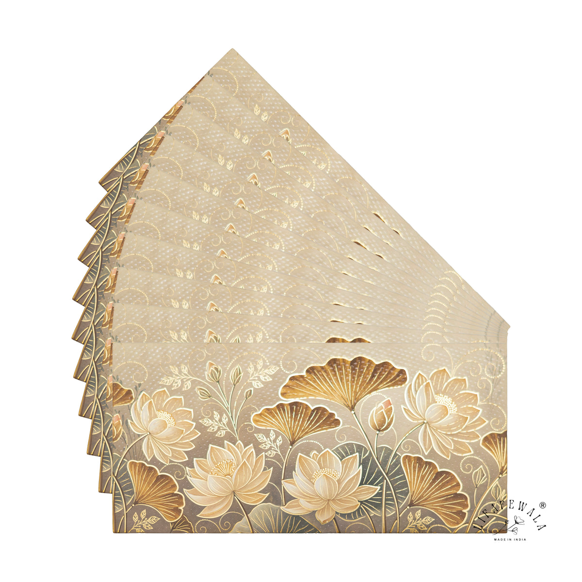 Golden Lotus & Ginkgo matte UV shagun envelope by LIFAFEWALA – fanned pack